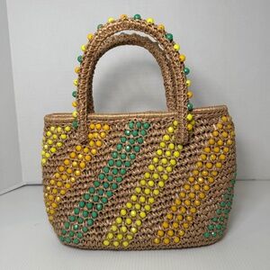 Vintage Macrame Handbag Straw Multicolor Beaded Purse Unique Made In Japan NIB